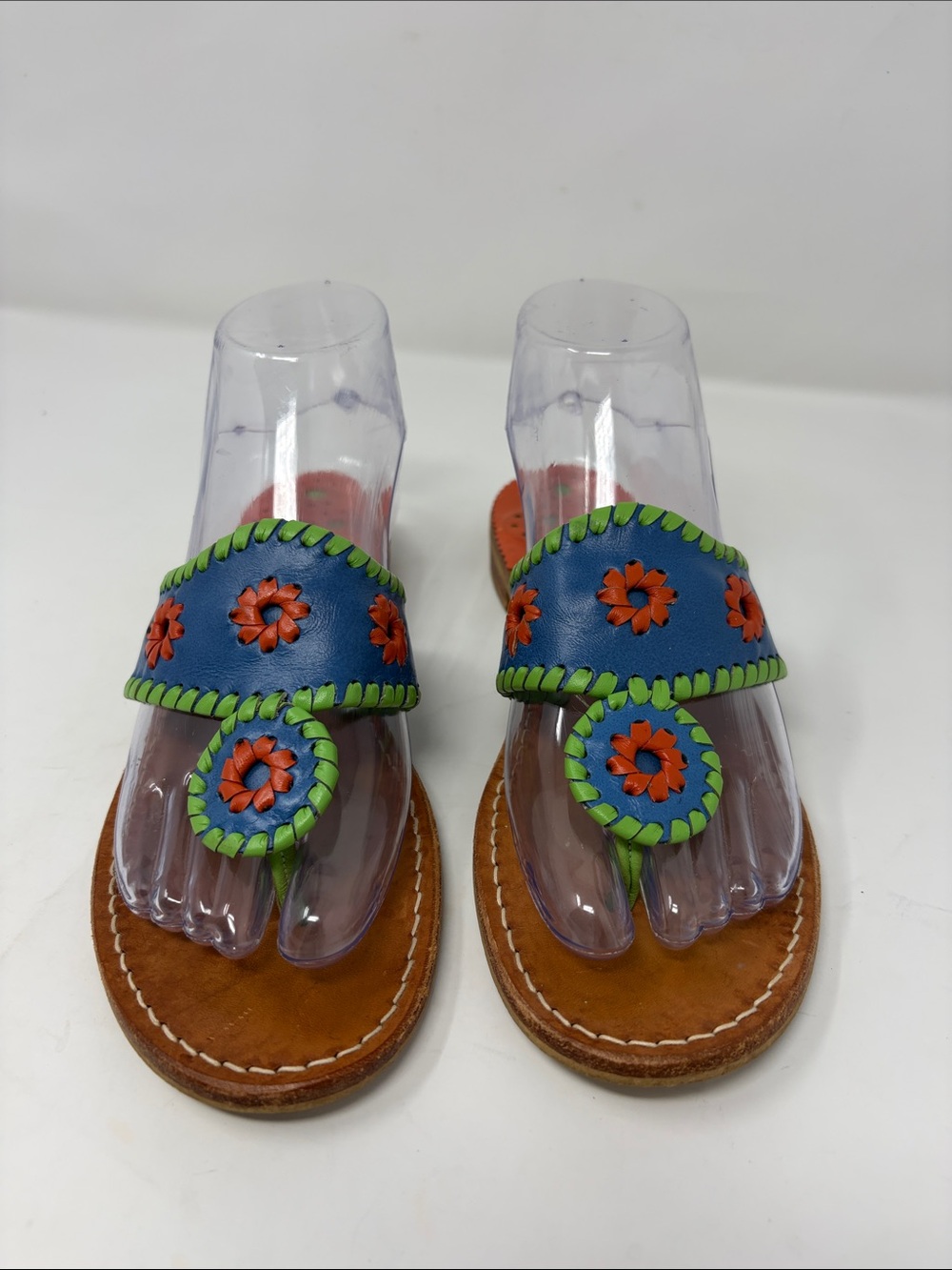 Jack Rogers Blue Leather Flower Toe-Post Sandals Size 7 Excellent Condition